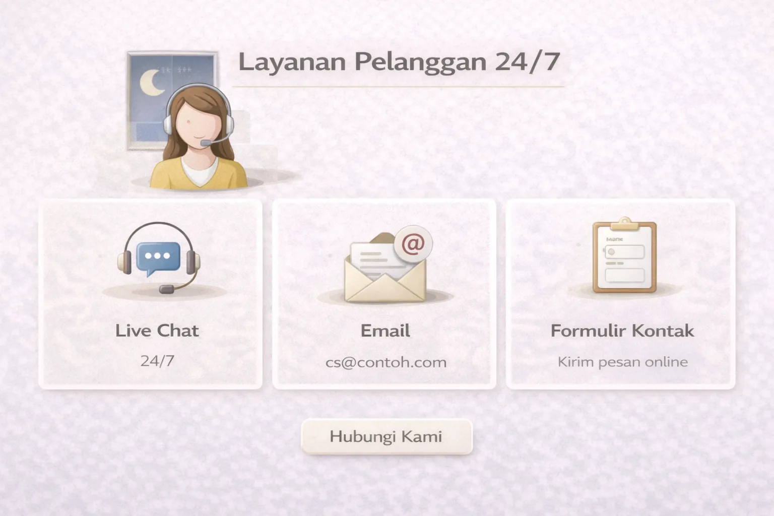 Ilustrasi layanan pelanggan 24/7 BO Togel dengan ikon live chat dan support
