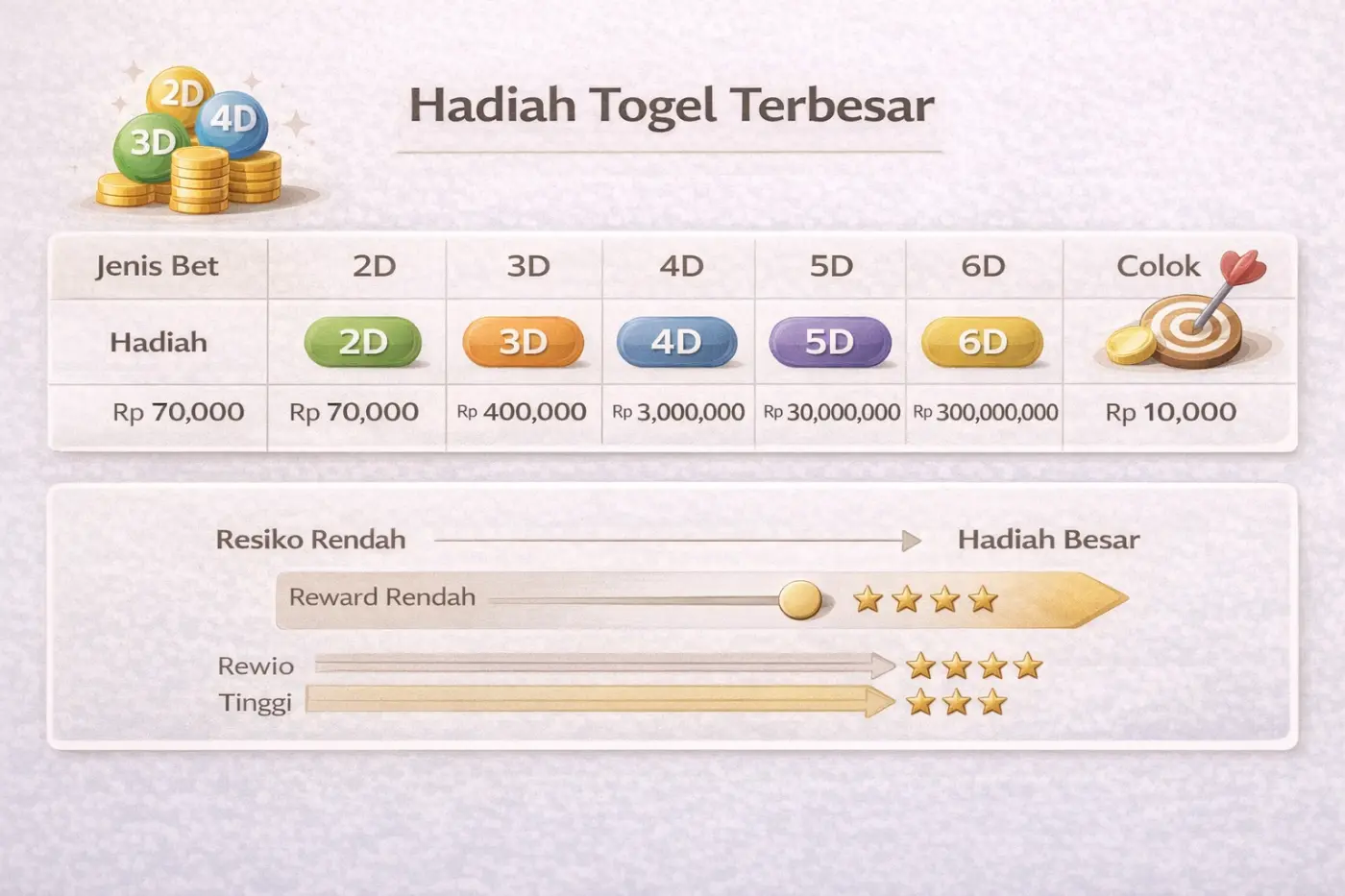 Infografik perbandingan potensi hadiah berdasarkan jenis taruhan Togel (2D–6D dan colok)