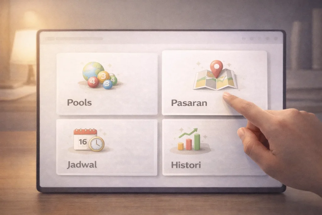 Ilustrasi dashboard bo togel pools dengan menu pools, jadwal, dan histori pasaran